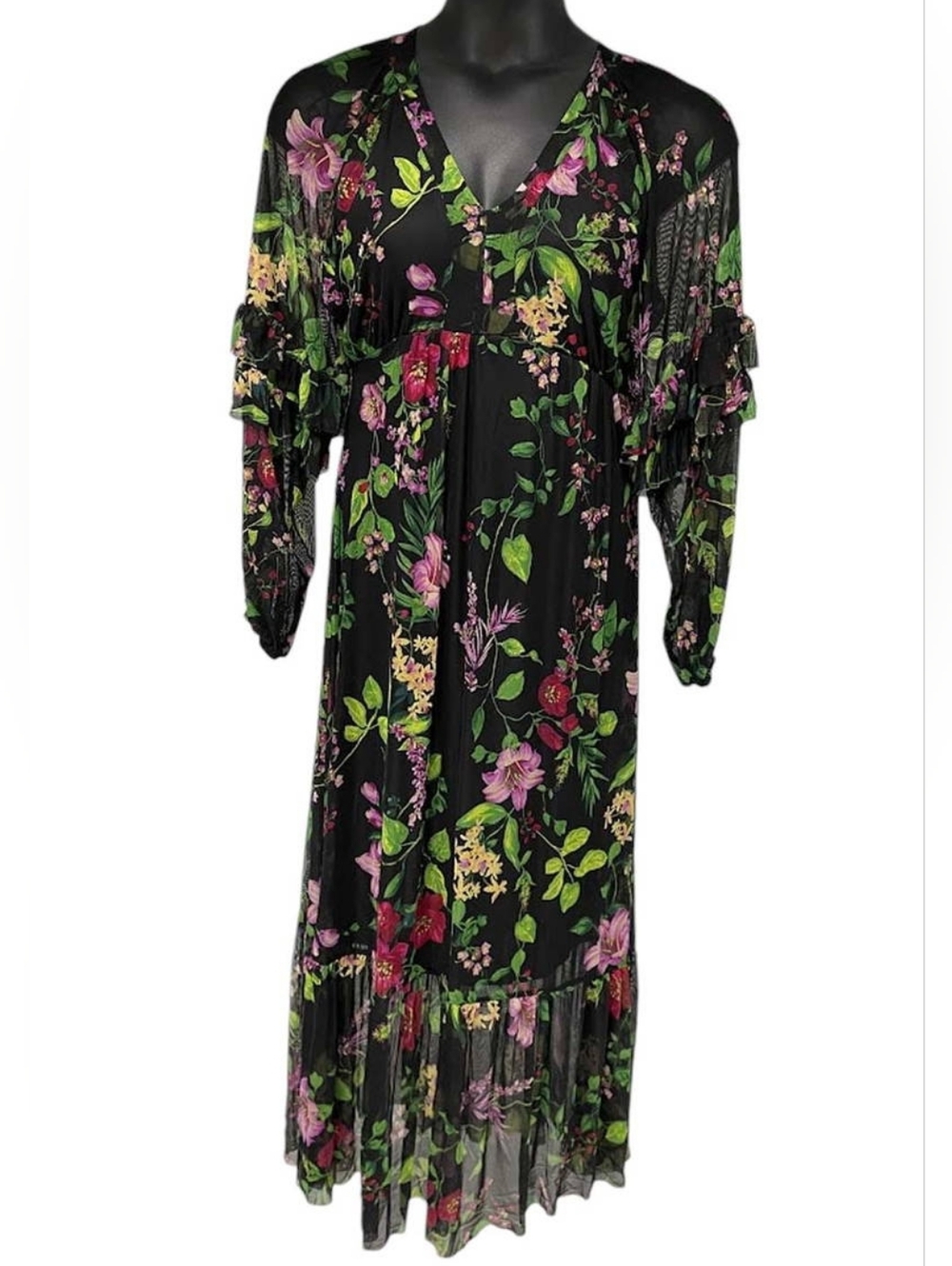 Antthony Women's Printed Mesh Knit Long-Sleeve Floral Maxi Dress Black 1X New